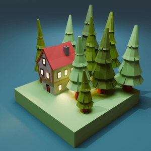 3D modeled diorama of a house with some trees.