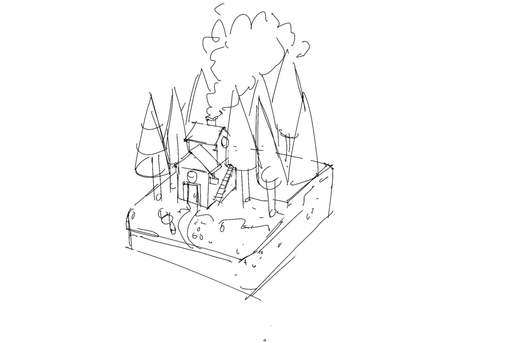 Pen sketch of a house in a forest