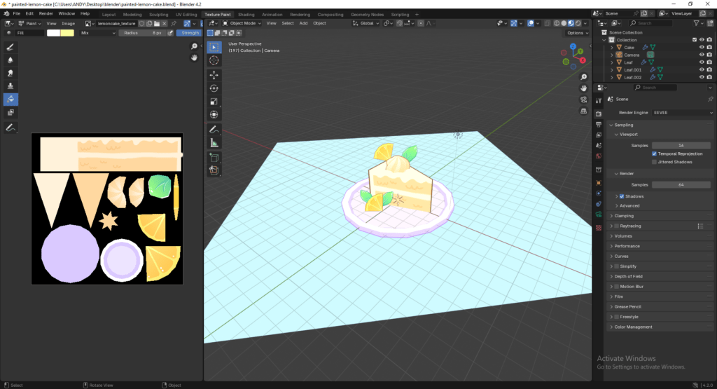 3D layout of a slice of lemon Cake with the texture map