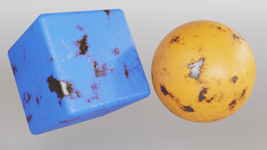 3D render of a rusty-painted cube and sphere.