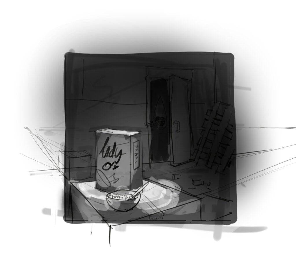 Sketch of a cereal box in a dark room.